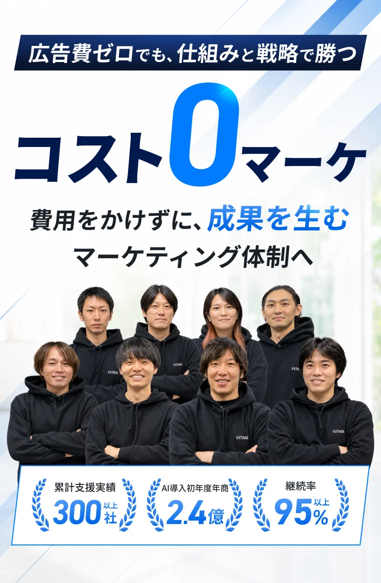 広告費ゼロでも、仕組みと戦略で勝つ。コスト0マーケ。費用をかけずに、成果を生むマーケティング体制へ。累計支援実績300社以上／AI導入初年度年商2.4億／継続率95%以上